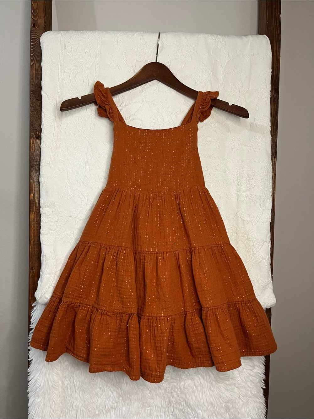 Rachel Zoe Girls Burnt Orange Metallic Tiered Ruffle Sun Dress Size 7